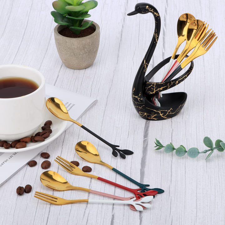AnSaw Black Swan Base Holder with 5-Pieces 4.7-inch Small Coffee Spoons and 5-Pieces Dessert Fork, Leaf Handle Set (White & Gold)