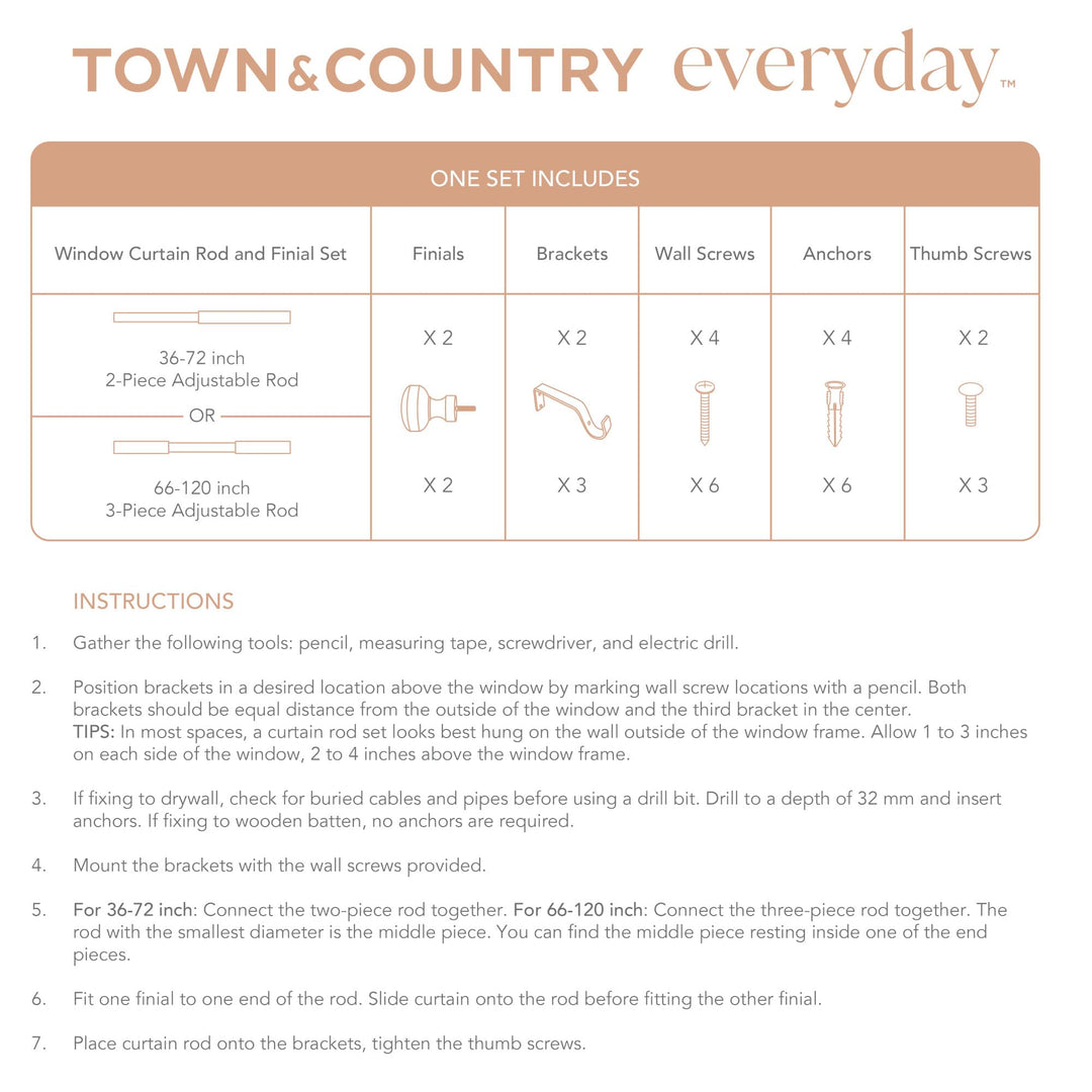 TOWN & COUNTRY EVERYDAY Modern Rounded Cap Single Indoor Curtain Rod and Finial Set, Easy Install Wall Mount, Oil Rubbed Bronze, Adjustable 36â€-72â€