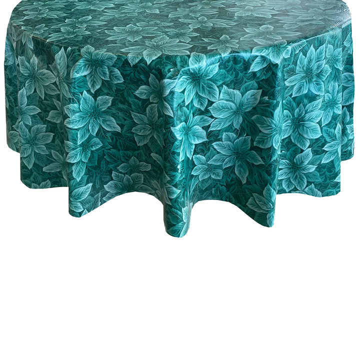 Newbridge Hunter Green Poinsettia Scroll Vinyl Christmas Tablecloth with Flannel Backing, Poinsettia and Holly Damask Look Vinyl Flannel Back Tablecloth, 60” x 84” Oval Retail $13.00