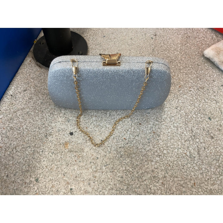 Brand Unknown - Silver Glitter Clutch Evening Bag, Gold Leaf Clasp, Chain Strap