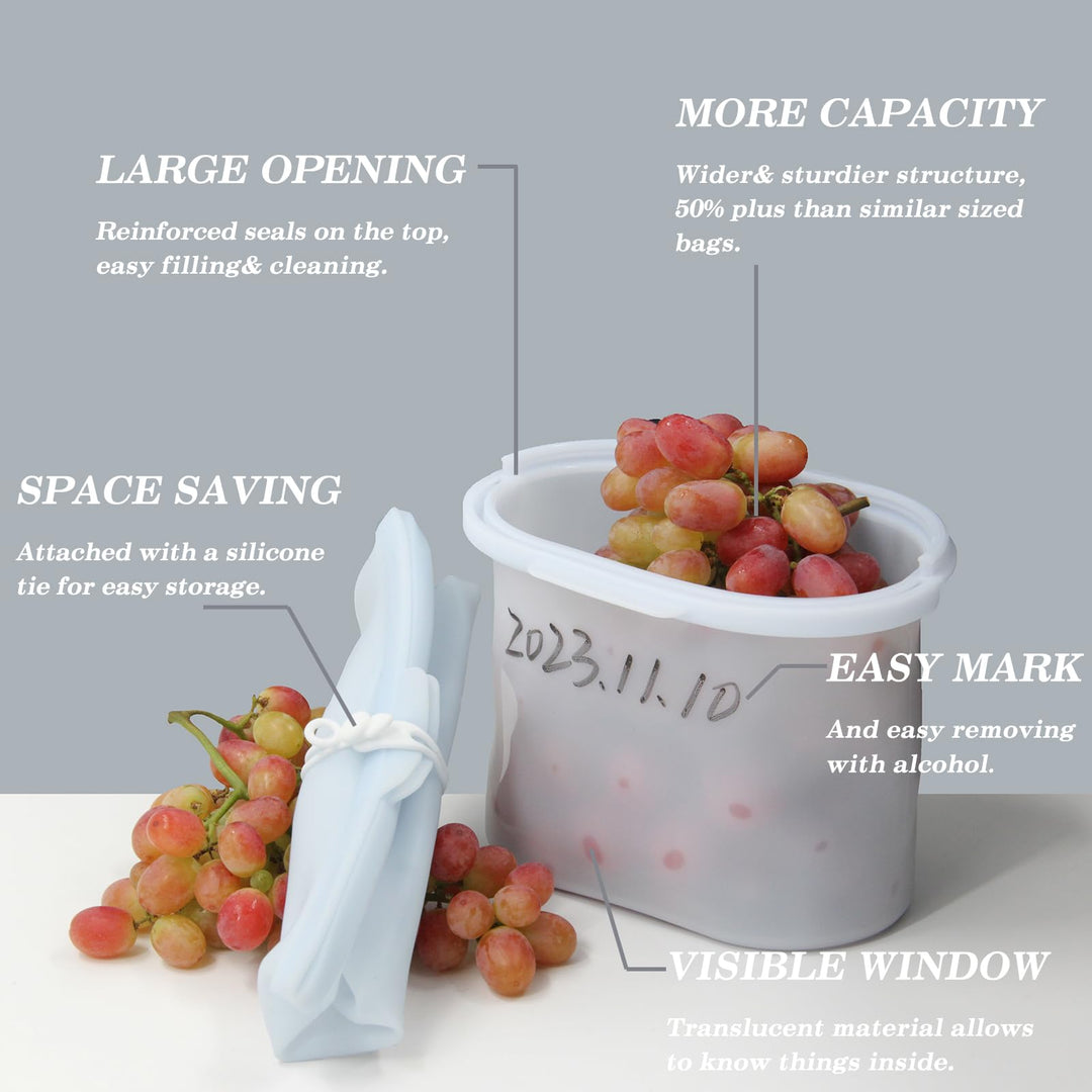 RUNROLE Versatile Reusable Silicone Containers Food Storage Bags 2 Pack Quart Size Large Opening Food Travel Bag Snack Sandwich Portable Lunch Bag Bowls -Upright Seal, Easy Cleaning (33 OZ/PC, White)