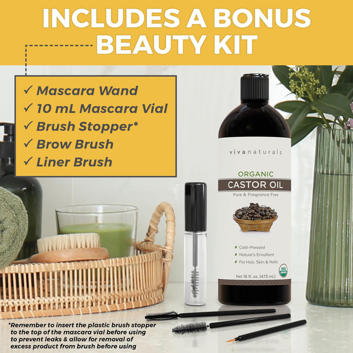 Viva Naturals Organic Castor Oil, Cold-Pressed, 16 fl oz Ã¢â‚¬â€œ For Face, Hair, Eyelashes, USDA Organic, Non-GMO - With Beauty Kit