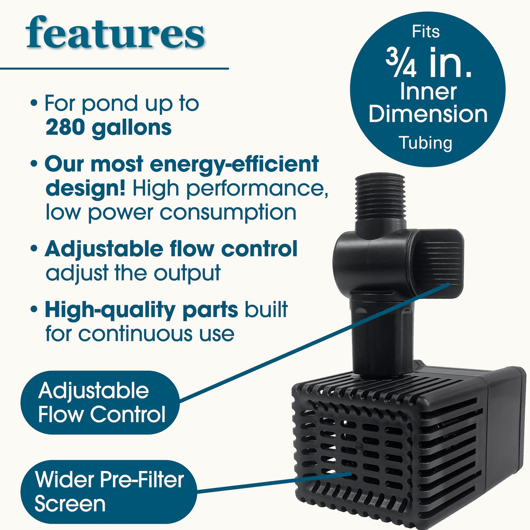 smartpond 280 GPH Pond Pump, Submersible Pump, Energy Efficient, Ideal for Ponds and Water Features up to 200 Gallons, Adjustable Flow Control