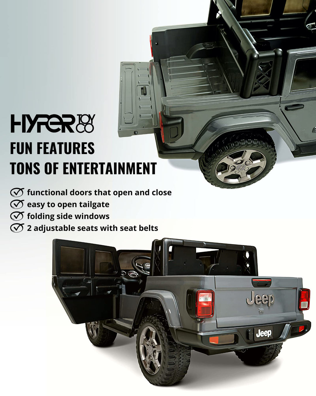 Hyper Jeep Gladiator 12V Kids Ride On Car, 2 Seater with Real Doors & Sound Controls, for Children Aged 3 and Up (Gray)