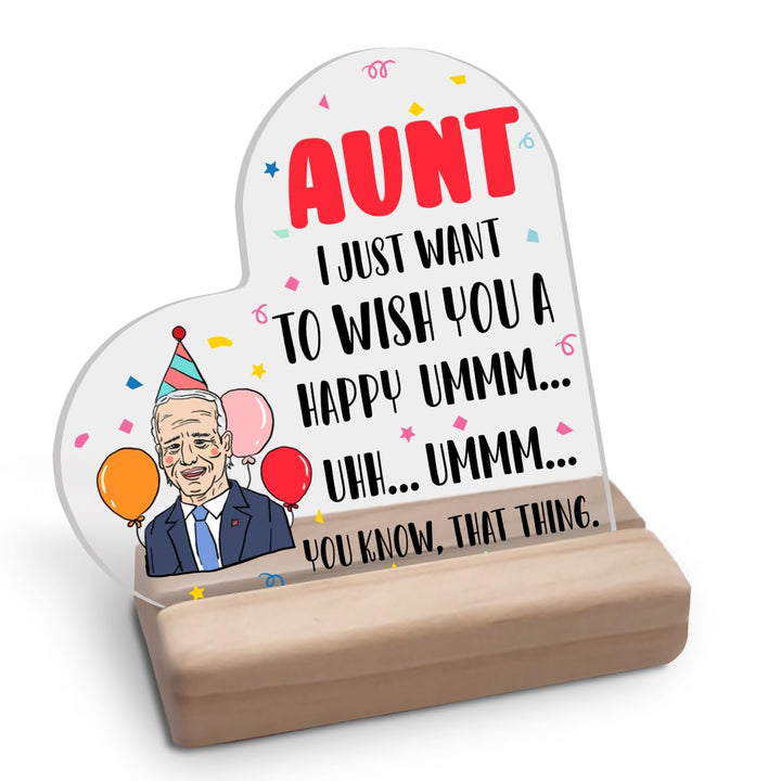 Aunt Gifts for Birthday Unique Gift Ideas for Auntie Birthday Party Balloon Heart Shaped Acrylic Sign Plaque with Wood Stand for Home Office Bedroom Living Room Desk Table