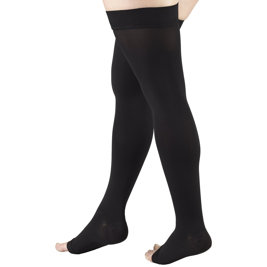 Truform 20-30 mmHg Compression Stockings for Men and Women, Thigh High Length, Dot-Top, Open Toe, Black, Large