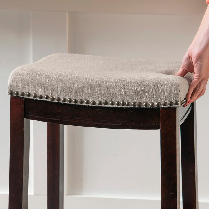 Linon Linen Backless Claridge Stool, Counter Height, Beige & Dark Walnut