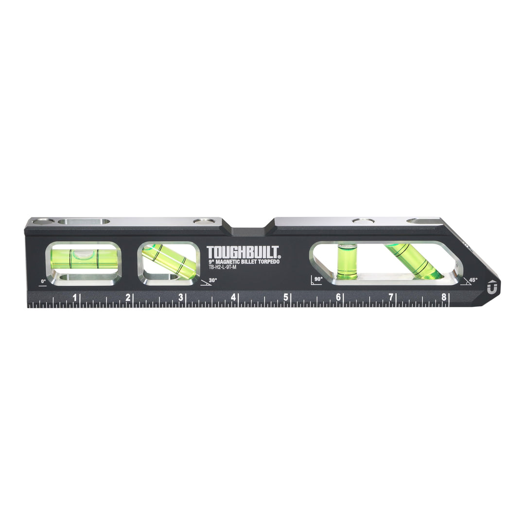 ToughBuilt â€“ 9" Magnetic Billet Torpedo Level, Precision Machined Aluminum Level with Rare Earth Magnets, V-Groove Base, Laser-Etched Markings, and Shockproof End Caps for Professional Accuracy