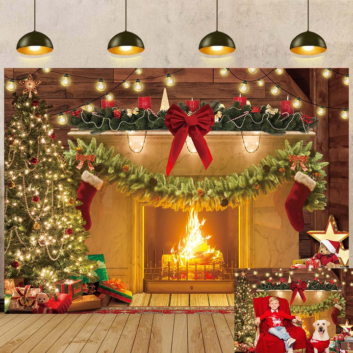 Christmas Fireplace Theme Backdrop Xmas Tree Gift Rustic Wooden floor Photography Background Baby Kids Christmas Family Party Decorations Banner Photo Prop (82x59inch)