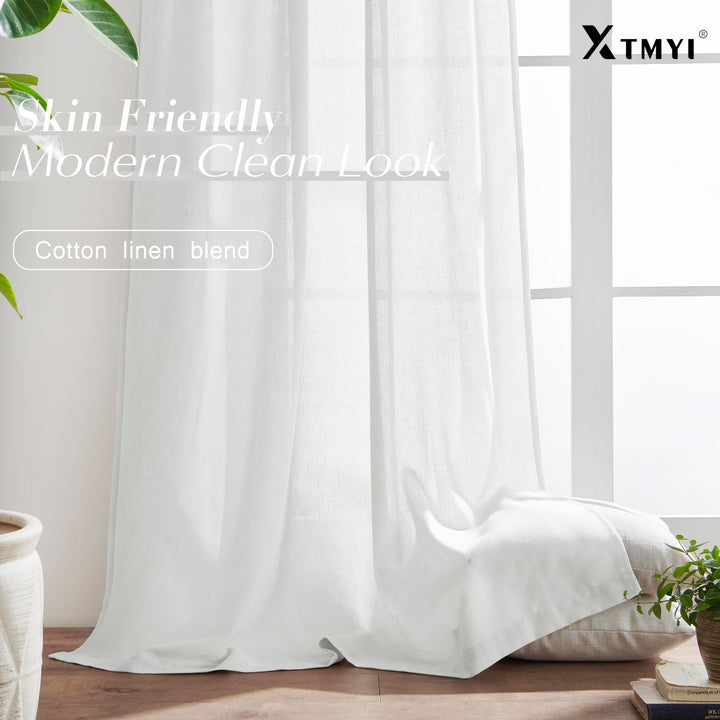 XTMYI White Linen Sheer Curtains 108 Inches Long Back Hidden Tab Tape Hooks Privacy Not See Through Simple Modern Curtains for Living Room 2 Panels Set