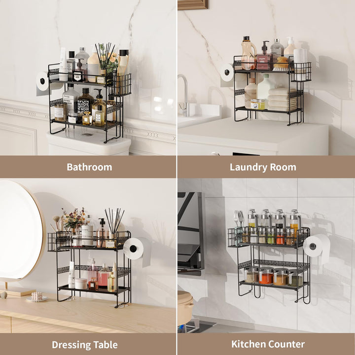 Iirios Over The Toilet Storage, Upgrade 2-Tier Folding Bathroom Organizer Shelves, Metal Multifunctional Toilet Rack with Basket and Paper Holder, No Assembly, No Drilling Space Saver (Black)