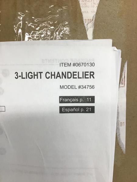 Kichler 3-Light Chandelier, Model 34756 Retail $150.00