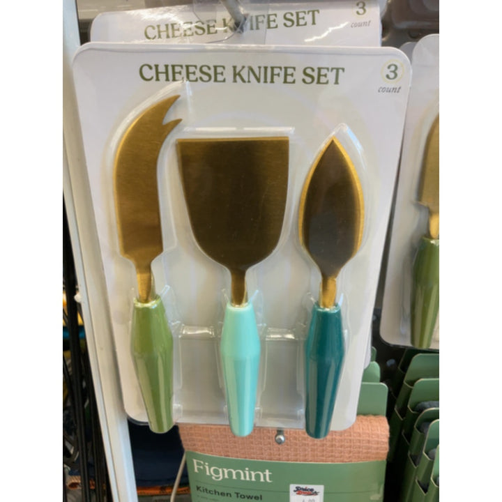 Stainless Steel Cheese Knife Set 3 Pc Green Tone Handles