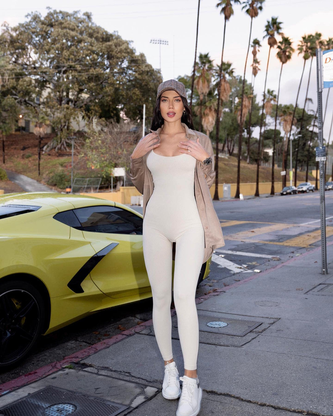 TOB Women Yoga Jumpsuits Workout Ribbed Sleeveless Square Neck Exercise Jumpsuits Beige