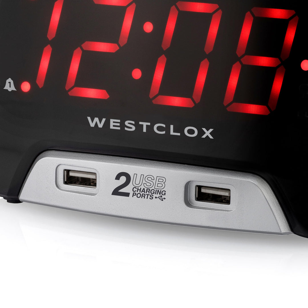 Westclox Large 1.4â€ Red LED Digital FM Clock Radio with Dual USB A & C Charging Ports, Adjustable Brightness, Dual Alarms & Sleep Timer â€“ Modern Alarm Clock for Bedroom, Home, or Office (Black)