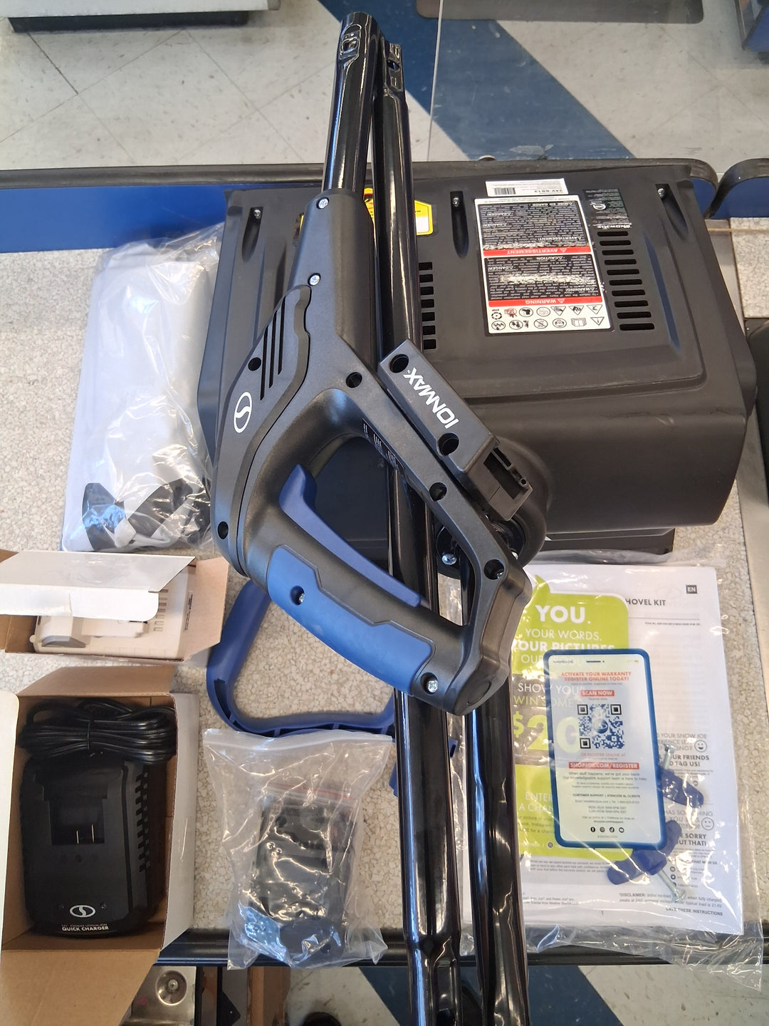 Snow Joe 24V iON+ Cordless Snow Shovel, Blue and Black, 13 Inch, with 4Ah Battery, Quick Charger, Battery Holder, Cover NEW UNUSED CONDITION TESTED SEE VIDEO