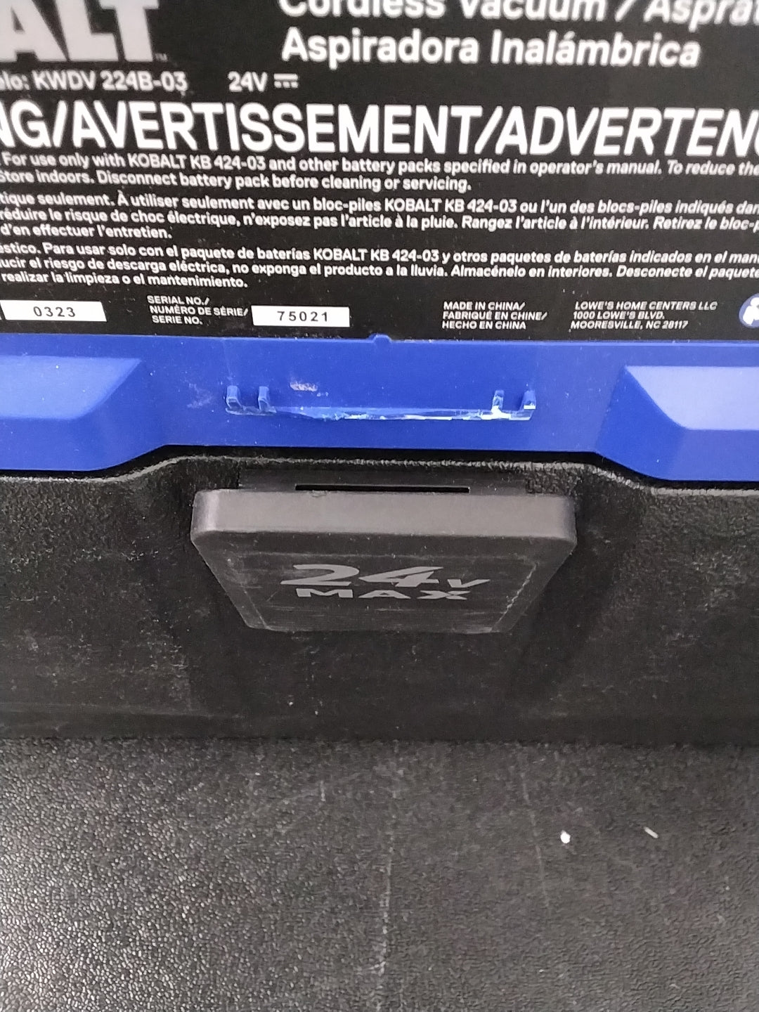 USED OK CONDITION HAS DAMAGE TESTED SEE VIDEO Kobalt 24V MAX Cordless Wet/Dry Vacuum - 3-Gal Capacity, 38-in Water Lift, 50 CFM Air Volume Retail $99.00