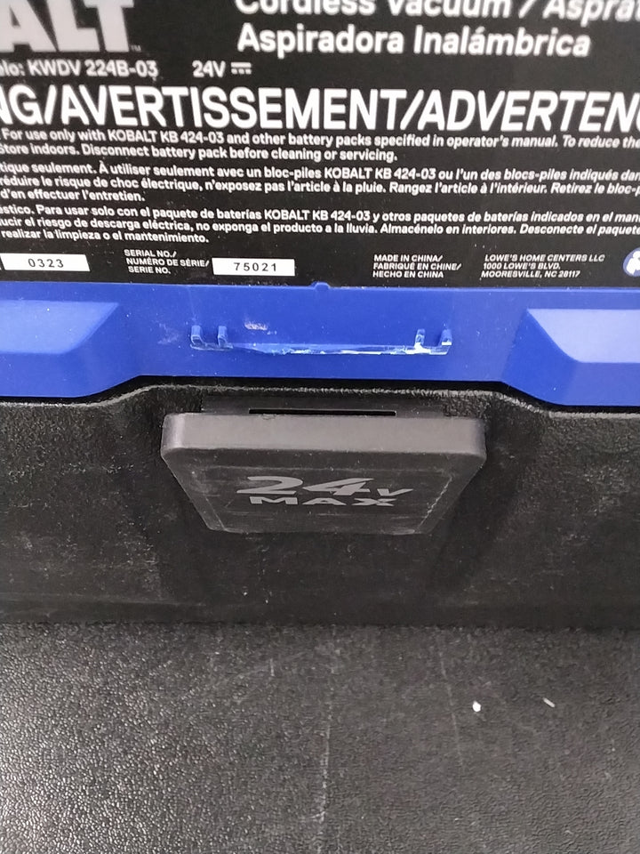 USED OK CONDITION HAS DAMAGE TESTED SEE VIDEO Kobalt 24V MAX Cordless Wet/Dry Vacuum - 3-Gal Capacity, 38-in Water Lift, 50 CFM Air Volume Retail $99.00