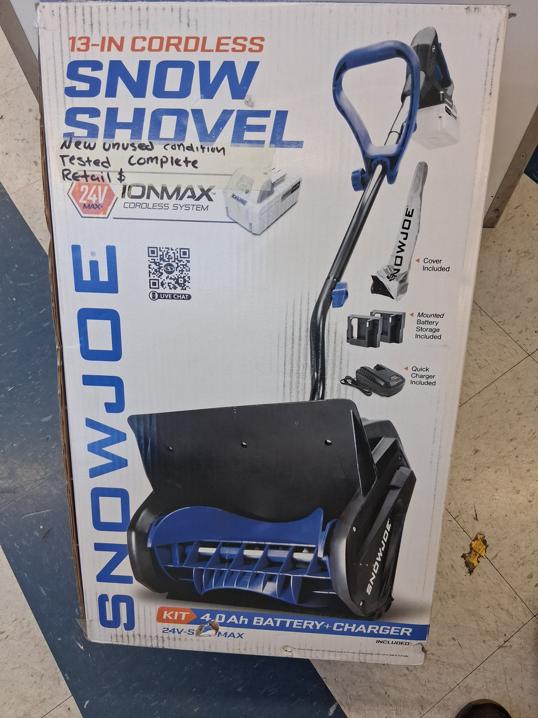 Snow Joe 24V iON+ Cordless Snow Shovel, Blue and Black, 13 Inch, with 4Ah Battery, Quick Charger, Battery Holder, Cover NEW UNUSED CONDITION TESTED SEE VIDEO